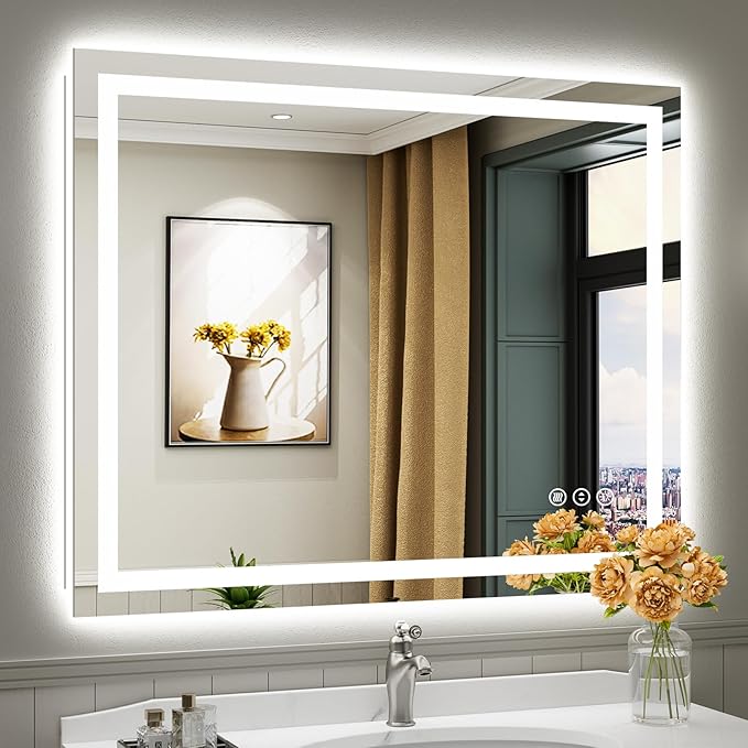 Briivue 44x36 Inch LED Bathroom Mirror with Lights, Backlit & Front Lit | Anti-fog, 3 Color Dimmable, Memory Function, HD Reflection Tempered Glass, ETL Listed, IP54 Waterproof