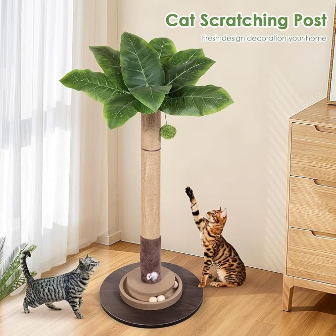 35" Sisal Rope Cat Scratching Post, Palm Leaf Cat Tree with Hanging Ball & Mouse Toy for Kittens & Adult Indoor Cats