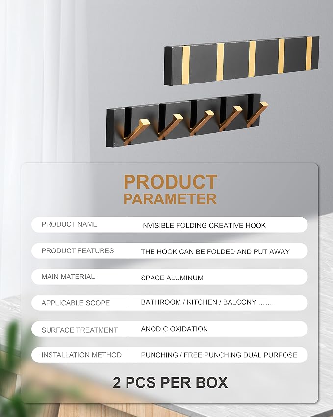 2 Pack，Bathroom Towel Hooks for Wall，Black Gold Wall Hooks for Coats，Towel Hooks for Bathrooms，Perforated or Free Perforated，Black Gold Towel Hooks，Towel Door Hooks，Also for Balcony，Kitchen.