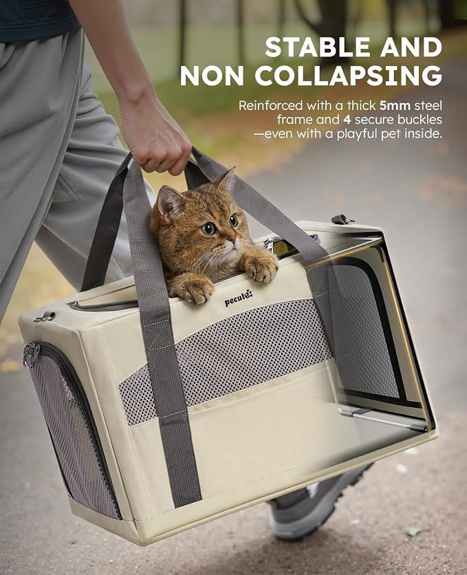 Pecute Cat Carrier Stable, Pet Carrier with Privacy Partition,Beige | Safe For Car Travel, Stable Steel Frame, Soft-Sided Pet Carrier Bag For Dogs And Cats Up To 11lbs, Foldable Design.