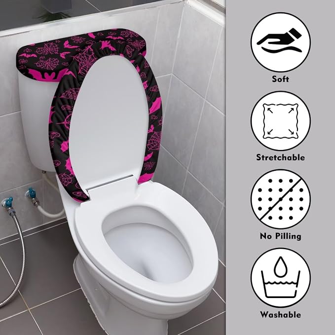 Spider Web Toilet Tank Cover for Bathroom Bat Toilet Lid Cover Set 2 Oval Bathroom Set for Halloween Party