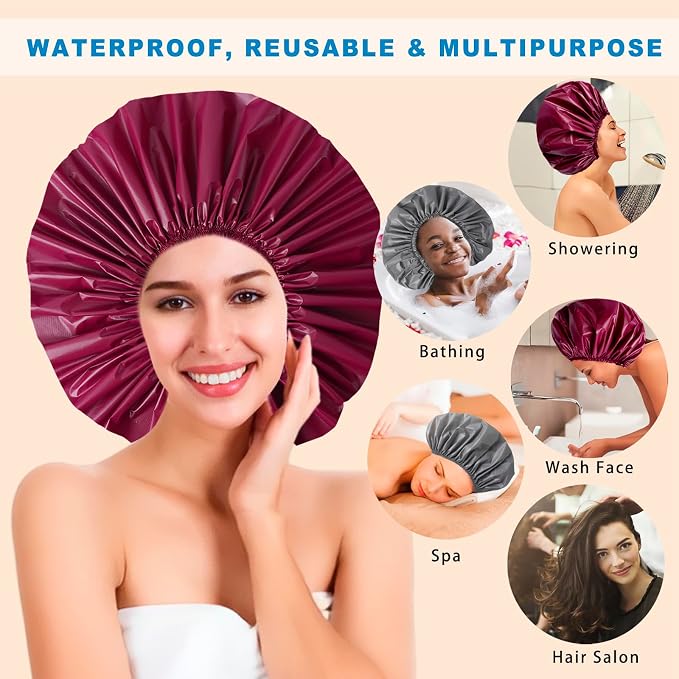Super Jumbo Shower Cap for Women, 2 PCS Waterproof Hair Caps for Locs | Extra Large, Double Side Reusable PEVA Bath Cap, Washable, Holds Long Thick Twist Braid - Grey+Purple-red