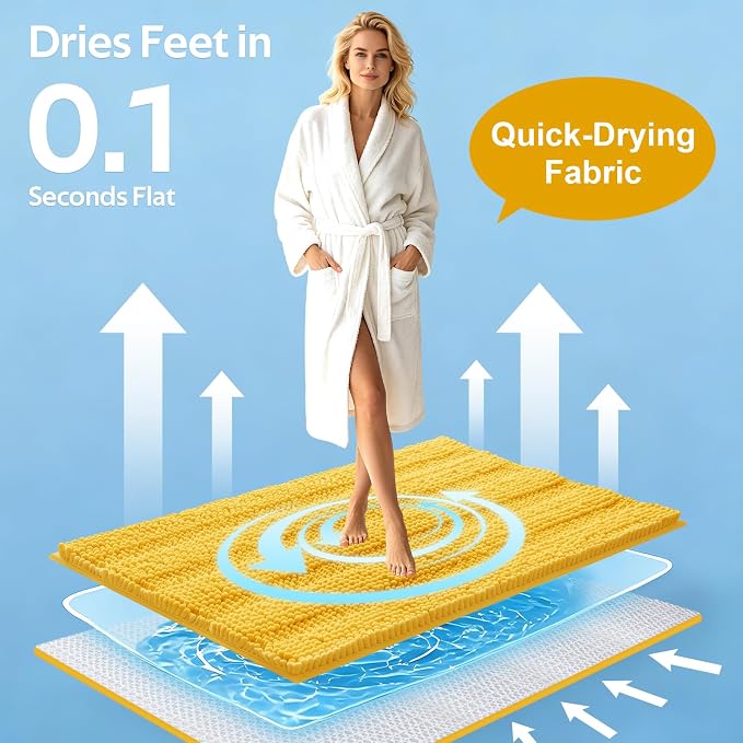 ACCUMTEK Striped Yellow Bathroom Rug Set 3 Pieces Ultra Soft, Non Slip Chenille Toilet Mat, Absorbent Plush Shaggy Bath Mats for Bathroom, Bedroom, Kitchen