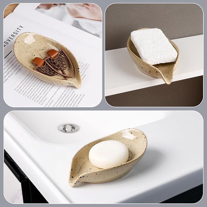 Soap Dish, Self Draining Soap Dishes 2PCS, Leaf Shape Ceramic Bar Soap Holder Drain Soap Dishes for Bathroom Sink Shower Kitchen, Easy to Clean Keeps Soap Dry, ANTIS'S HOME