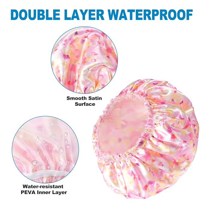 Shower Cap for Women Set of 4, Reusable Bath Caps + 2 Satin Hair Scrunchies | Double Layers, Waterproof Hair Caps, for Bath Accessories, Spa, Travel Home - Pattern B