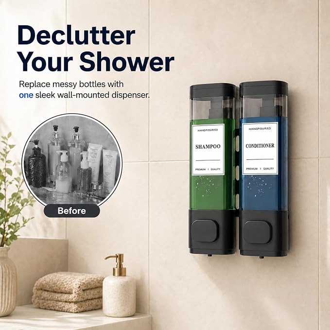 Shampoo and Conditioner Dispenser – Wall-Mounted Shower Soap Dispenser, No-Drill Installation, Lockable, 900 ml Capacity,for Bathroom & Hotel or Airbnb (Black, 2-Pack)