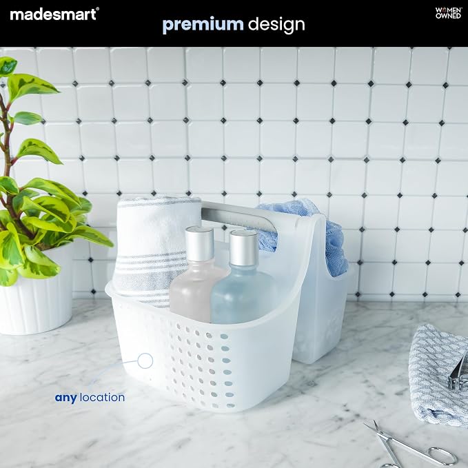 madesmart Portable Shower Caddy, Hold Soap, Shampoo, Hair Supplies and Beauty Products, Cleaning Supplies Organizer for Home, Dorm, Plastic Shower Tote, Soft Handle, Frost
