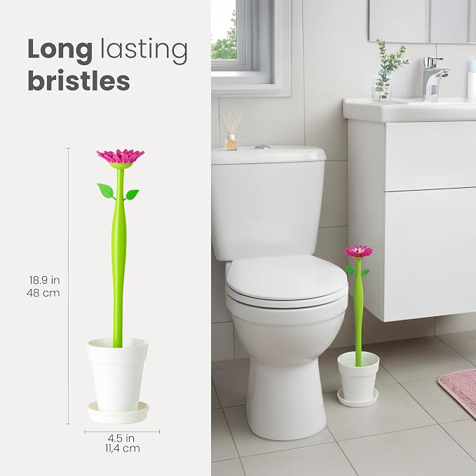 Vigar Flower Power Toilet Brush with Holder Set Toilet Brush with Daisy-shaped Handle, Flowerpot Base with Saucer Durable Bristles for Bathroom, White