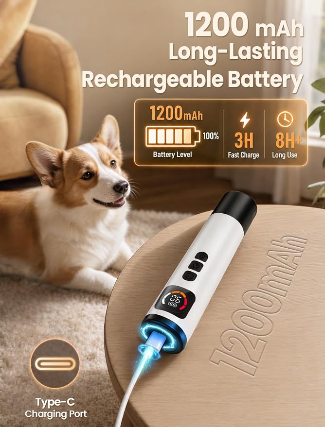 Dog Nail Grinder, Quiet 6-Speed Electric Pet Nail Trimmer with Upgraded Motor, 2 LED Lights, LCD Display, Type-C Charging, 1200mAh Battery, 3 Diamond Grinding Wheels for Dogs and Cats