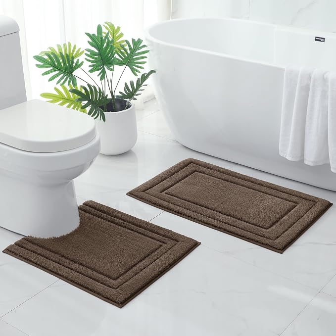 HOMEIDEAS Bathroom Rugs Sets 2 Piece, Super Soft and Absorbent Non Slip Microfiber U-Shaped Toilet Bath Mat Set (20"x32"+U20 x24, Brown) | Super Soft and Absorbent Non Slip Microfiber Bath Rug，Machine Washable, for Bathroom, 20"x32"+U Shape 20"x24"
