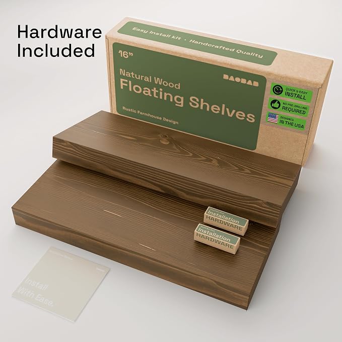 BAOBAB WORKSHOP Wood Floating Shelves for Wall, 16 inch Walnut Floating Shelf for Bathroom, Solid Wooden Wall Shelves for Kitchen Bedroom, Walnut Finish, 16 x 6.7, Set of 2