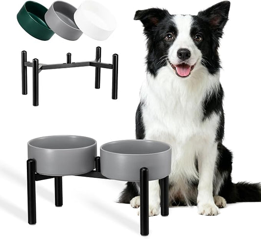 Raised Ceramic Dog Bowl Set with Stand, 7.5 Cups Elevated Dog Food Stand | 8.4'' Double Dog Food and Water Bowl Set, Non-Slip Dog Feeding Dishes for Small Breeds and Cats, 59.2 OZ, Grey