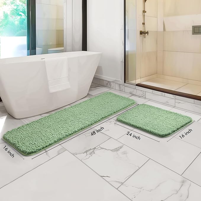 MIULEE Sage Green Bathroom Rugs Set 2 Piece Soft Bath Mats 16x24+16x48 Inch | Soft Absorbent Microfiber Bath Rugs, Non Slip, Quick Dry, Fluffy Bath Rugs for Bathroom Floor Tub Showers, Machine Washable