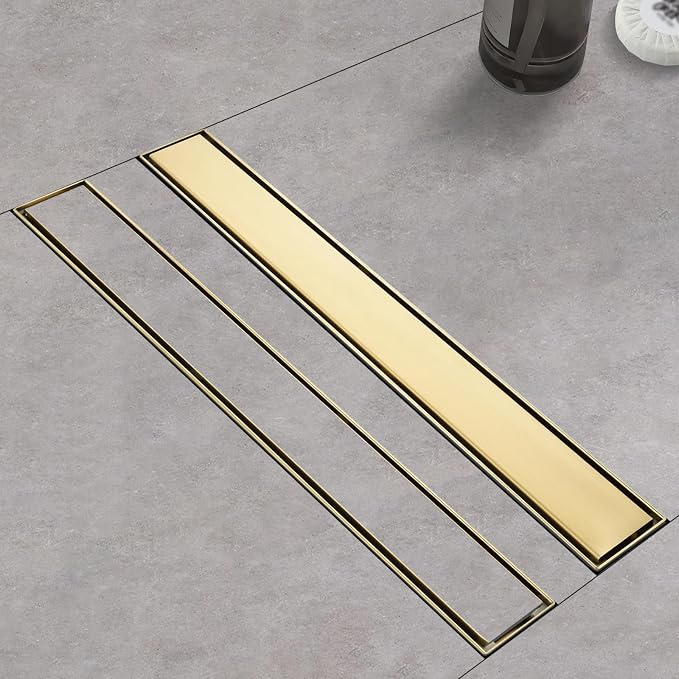 Linear Shower Drain ，with Tile Insert Panels ，12 Inch Brushed Gold 304 Stainless Steel Rectangle Shower Floor Drain，with Hair Catcher, Adjustable Feet