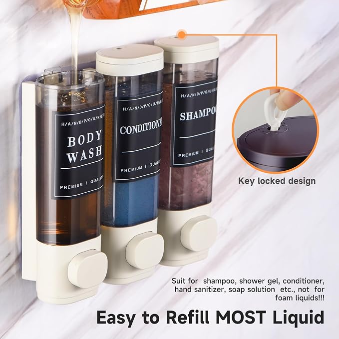 Shampoo and Conditioner Dispenser,Shower Soap Dispenser 3 Chamber No Drill Wall-Mounted Shampoo Dispenser for Shower Wall Mounted Shower Dispenser for Bathroom Hotel Large Capacity,Light Gray