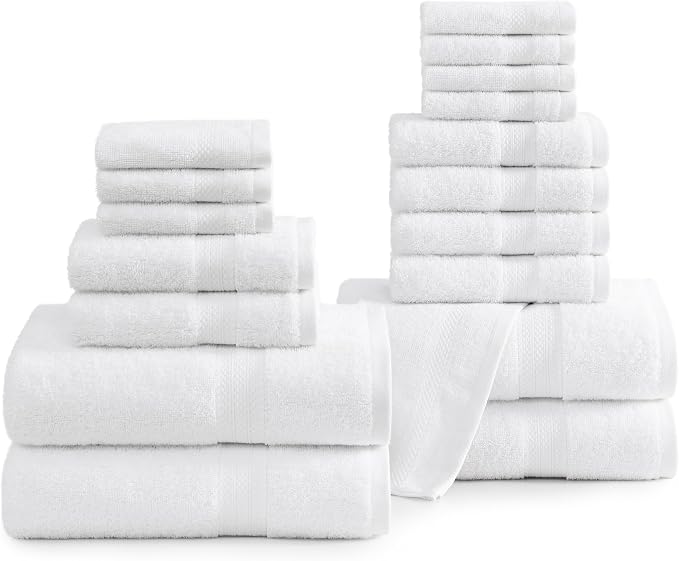 LANE LINEN Bath Towel Set 100% Cotton 18 Piece Soft Absorbent - White | Shower Towels - Generously Sized, Oversized & Roomy, Lightweight & Breathable, Fade-Resistant Color, Classic Terry Weave