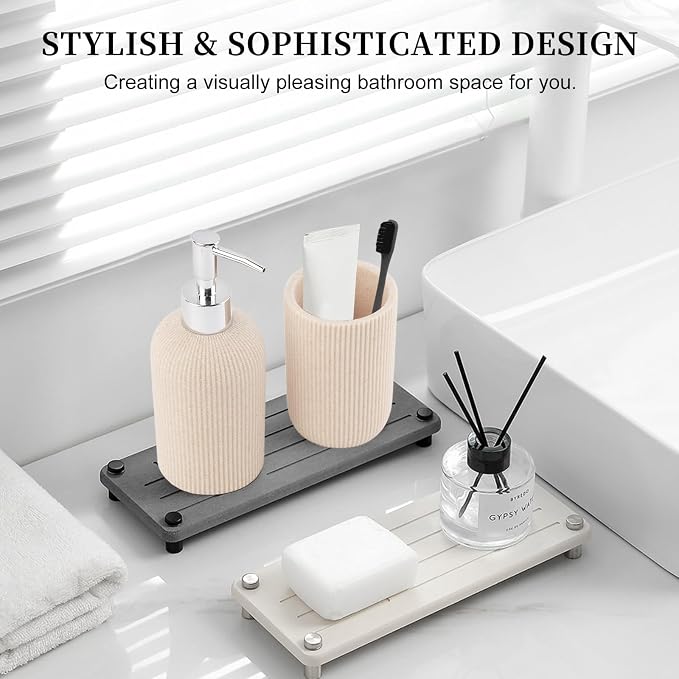 Beige Bathroom Accessories Set Include Soap Dispenser and Toothbrush Holder | Modern Stripe Design, Resin Bathroom Set 2 Piece for Bathroom Countertop Storage and Decoration