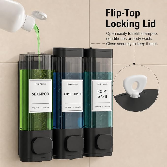 Shampoo and Conditioner Dispenser – Wall-Mounted Shower Soap Dispenser, No-Drill Installation, Lockable, 900 ml Capacity,for Bathroom & Hotel or Airbnb (Black, 3-Pack)