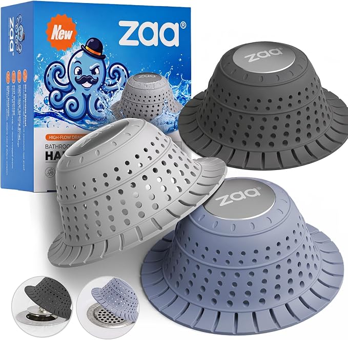 Shower Drain Hair Catcher Bathtub Drain Strainer Sink Drain Protector | Collapsible Pop-Up Drain Hair Catcher, Traps Hair & Prevents Clogs, Bathroom Fixture Accessories, Black Grey Blue, 3 Pack
