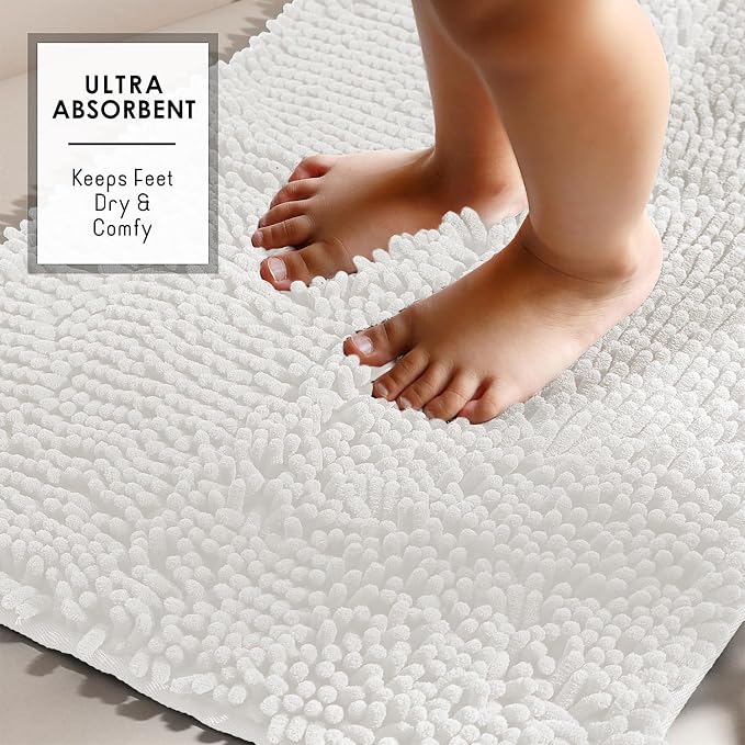 Hearth & Harbor Bathroom Rugs, Chenille Bath Mat - Machine Washable Bath Mats for Bathroom Non-Slip Backing Rubber, Quick Dry Bathroom Mat - White 17x24-20x24