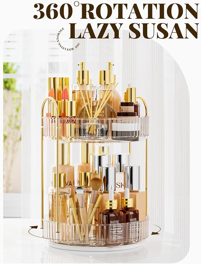 Bathroom Organizer Countertop, Rotating Makeup Organizer for Vanity, 2-Tier Make Up Organizers and Storage, Vanity Tray Shelf for Cosmetic, Skin Care, Lotions (Clear)