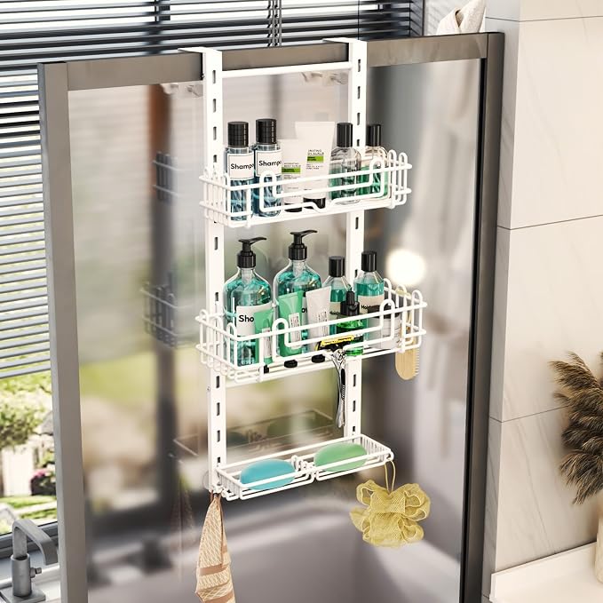 HapiRm 3 Tier Over the Door Shower Caddy, Hanging Shower Caddy with 16 Hooks and 2 Soap Holders, No Drilling Adjustable Hanging Bathroom Organizer - White