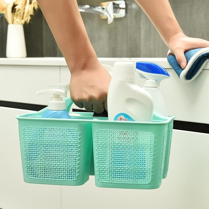 NINU Plastic Cyan Shower Caddy Basket, Divided Cleaning Portable Shower Basket with Handle Compartments Storage Organizer for Bathroom, College, Kitchen, Dorm Room Essentials