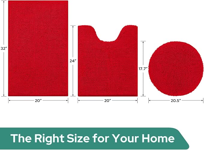 HOMEIDEAS 3 Pieces Red Bathroom Rugs Set, Ultra Soft Non Slip Bath Rug and Absorbent Chenille Bath Mat, Includes U-Shaped Contour Rug, Bath Mat and Toilet Lid Cover, Perfect for Bathroom, Tub