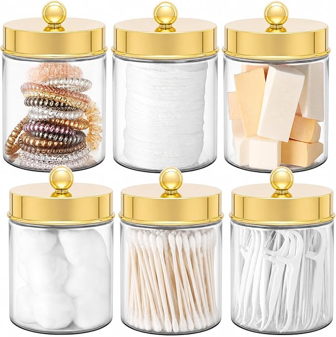 Amolliar Acrylic Apothecary Jar Bathroom Qtip Holder Gold 6 Pack | for Bathroom Storage Vanity , Countertop, Farmhouse Style, Holds Cotton Swabs, Dental Floss, Makeup Sponges,Gold Decor