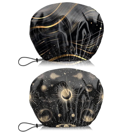 2 PCS Shower Cap Waterproof Double Layer Elastic Adjustable Reusable Hair Bath Caps for Girls Women Cute Aesthetic-Black 2