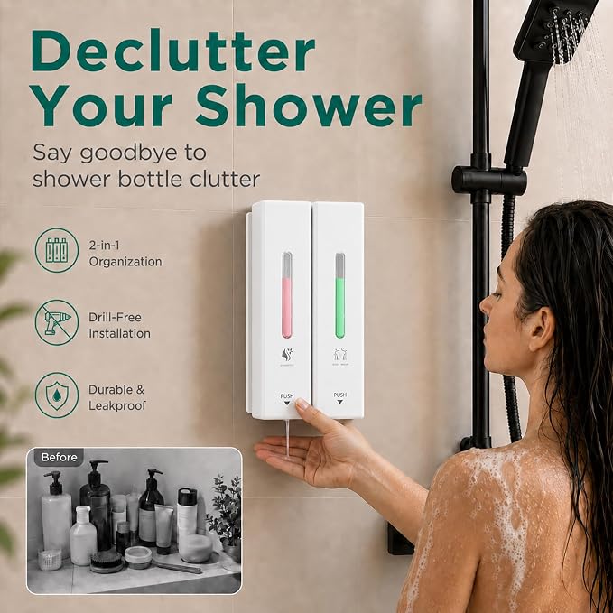 Shampoo and Conditioner Dispenser Wall Mounted, 3-Chamber Shower Soap Dispenser for Bathroom, 1200ML Large Capacity, No-Drill Installation, Clog-Free Pump for Thick Liquids (white-2-pack)