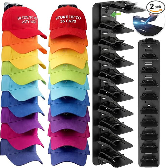 DIY 2Pack Hat Organizer – Holds 36 Hats, Adjustable Clips, Adhesive or Screw Mount, for Baseball Caps & Snapbacks, Space-Saving Cap Holder & Hat Storage Wall Rack for Closet & Door, Black