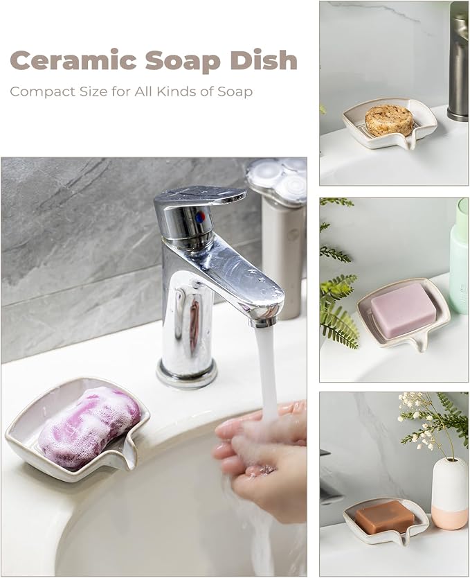 Soap Dishes, Ceramic Shower Soap Dish with Waterfall Design Bar Soap Holder Self Draining Soap Saver for Shower, Bathroom, Sink, Kitchen and Countertop, Beige White