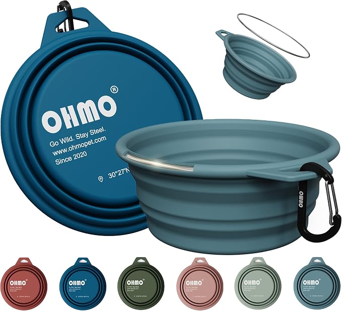 Large Collapsible Dog Bowls, Steel Rim, 27oz, 2pcs, Dark&Light Blue | Portable Pet Water&Food Bowl, BPA-Free Silicone, Foldable, Hiking&Camping Travel Gear, Stable Shape, Easy-Clean