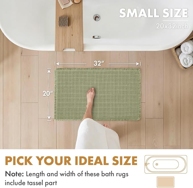 MIULEE Set of 2 Waffle Bathroom Rugs Boho Bath Mat Sage Green 20x32 Inch | Non Slip, Super Absorbent, Washable, Ultra Soft, Rubber Backed Bath Rugs for Bathroom Floor Tub Shower