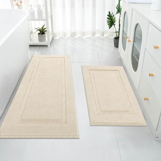 SHACOS Soft Microfiber Bathroom Rugs Set of 2 Pieces, Light Beige | 47x20 + 32x20, Absorbent Plush Bath Rugs, Non Slip Washable Shaggy Bath Mats, Fluffy Bathroom Runner Floor Mats Shower Rug