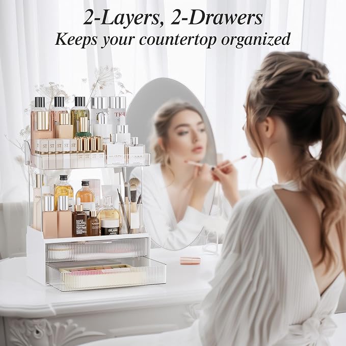 Bathroom Counter Organizer, TidyStash 2-Tier 2-Drawer Makeup Organizer Countertop, Easy to Install, Ideal for Bathroom Storage, Vanity, Perfume, Large Skincare Items, Present, and More, Clear