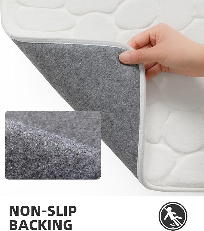 YIHOUSE Bath Mat, Memory Foam, Cobblestone, Bathroom Rugs, 20 x 32, White, Super Water Absorbent, Non-Slip, Machine Washable