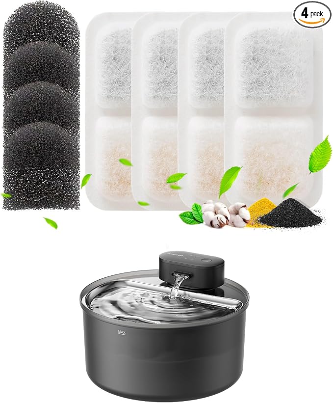 oneisall 4PCS Replacement Filters for 2.2L 3.2L Wireless Cat Fountain | 5-Layer Filtration,2 Months Set of Replacement Filters and Sponges,Fits Model Cordless PW13 PW14