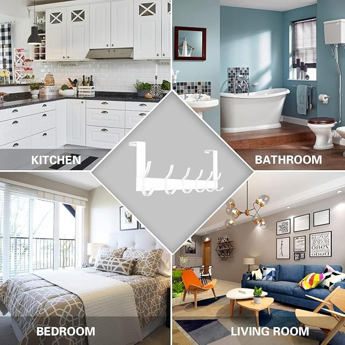 Over the Door 6 Hooks Hanger, White Door Hook for Hanging, Clothes Hooks for Bathroom, Hook Rail