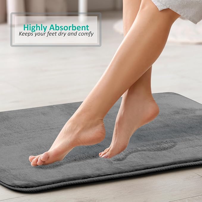 Clara Clark 2 Piece Bathroom Rugs, Velvet Memory Foam Bath Mat Set, Non-Slip Bath Rugs, Machine Wash, Dries Quickly, Ultra Soft Plush Bath Mats for Bathroom, 20 x 32 + Contour, Grey