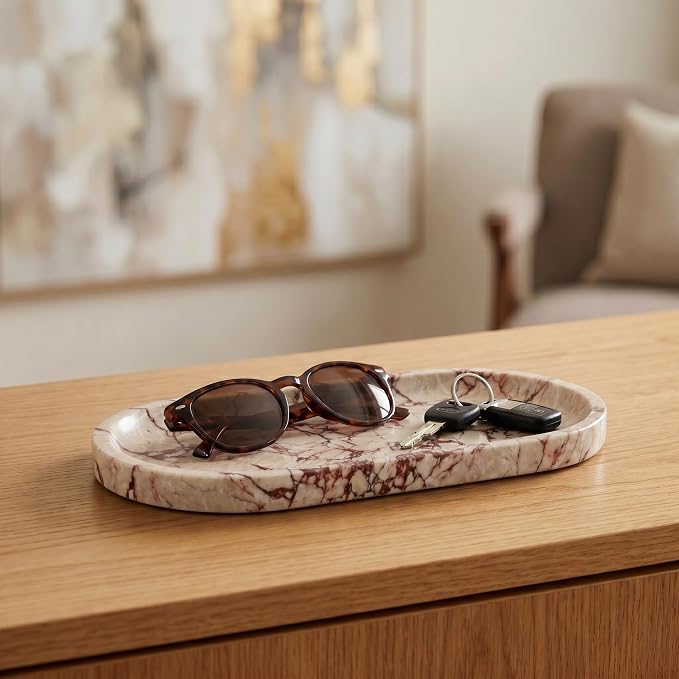 YKAJO Calacatta Viola Pink Oval Marble Tray, 9.8x4.7 Vanity Organizer Dish | Honed natural stone; jewelry & trinket dish, ring & key holder, soap & candle catchall; bath counter, dresser, coffee table