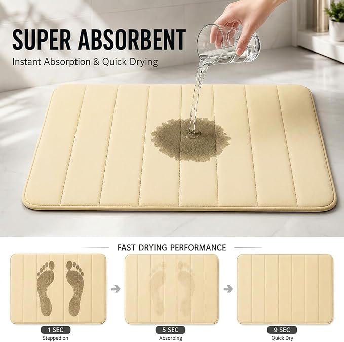 Memory Foam Bath Mat Set 3 Piece，Super Soft Absorbent Bathroom Rug Non Slip, Quick Dry,Machine Wash, Perfect Plush Bathroom Rugs,Home Decor Accessories,Beige