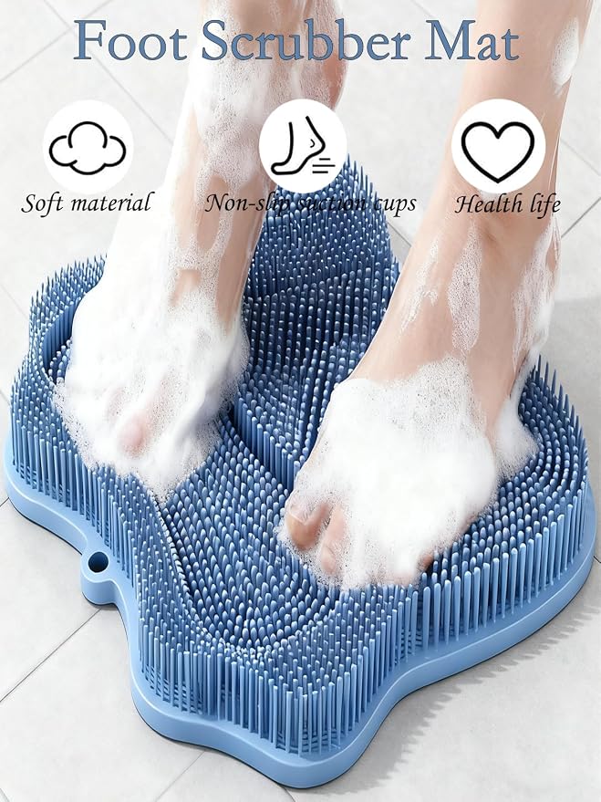 Shower Foot Scrubber Mat,Wall Mounted Back Scrubber Silicone Bath Massager Cushion Brush with Non-Slip Suction Cups,Foot Scrubber for Use in Shower for Improve Skin Exfoliation(Blue)
