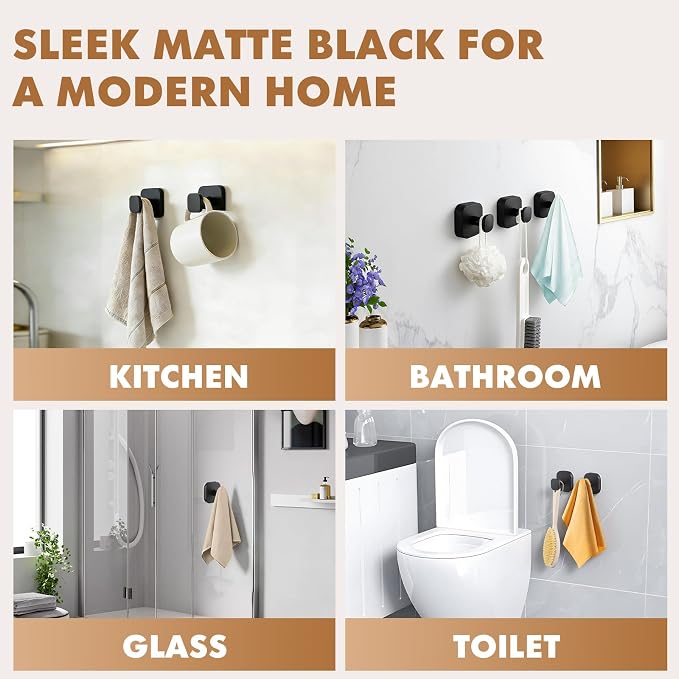 Suction Cup Hooks for Shower, Stainless Steel Bathroom Suction Hooks No Drilling, Heavy Duty Suction Cup Hooks for Towel Robe Loofah, Glass Tile Mirror (4Pack Black)