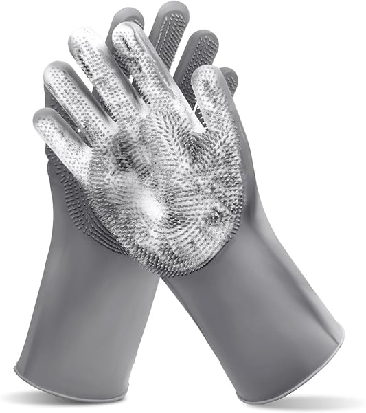 Pet Grooming Gloves—Dog Washing Gloves with High-Density Teeth | Dog Bath Scrubber with Enhanced Five Finger Design, Silicone Gloves for Dogs and Cats Bathing, Massage (Gray)