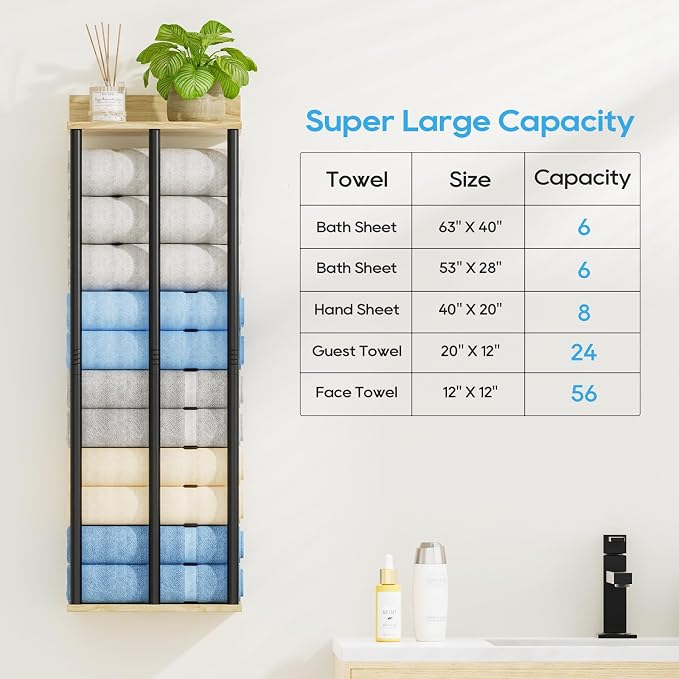 Towel Racks for Bathroom Wall Mounted, 3 Bar Wall Towel Rack | Metal Towel Holder with Wooden Shelf, Sturdy and Large Capacity, Towel Storage Organizer for Rolled Towels