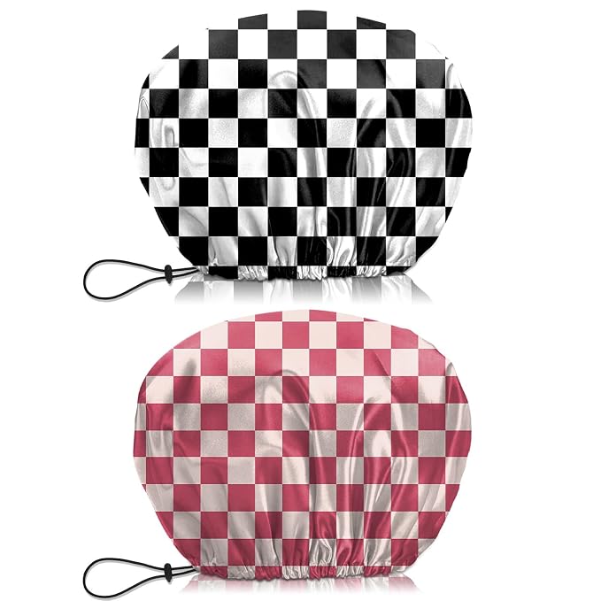 2 PCS Shower Cap Waterproof Double Layer Elastic Adjustable Reusable Hair Bath Caps for Girls Women Cute Aesthetic-Pink Black