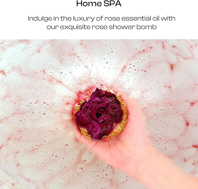 Rose Bath Bombs Gift Set for Women, 6 Pack with Whole Dried Rose | Romantic home spa relaxation, essential oils aromatherapy, birthday anniversary presents for mom, wife, girlfriend