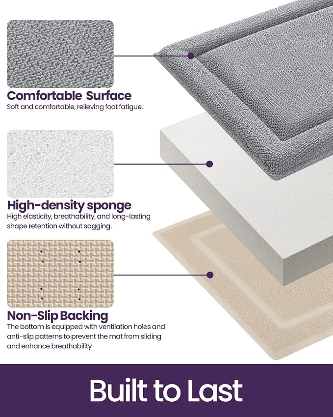 DEXI Memory Foam Bath Mat 36x24, Thick Chenille Bathroom Rug, Light Grey | Ultra Soft Absorbent, Non Slip Quick Dry, Cushion Plush Bath Carpet for Tub Shower, Sink
